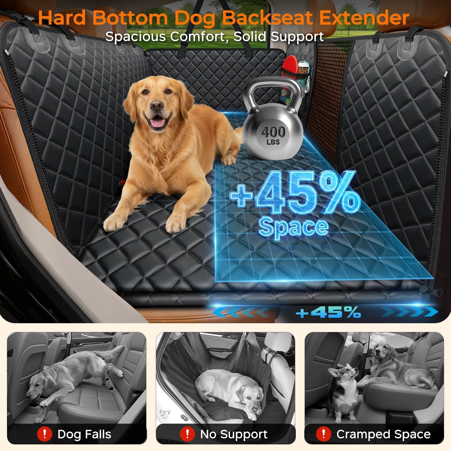 image:imageURPOWER Hard Bottom Dog Car Seat Cover Back Seat Extender with Blanket 2 in 1 Design NonSlip Blanket 400 lbs Support 40 More Space Waterproof Fits Cars amp SUVs Mesh Window Easy CareAll Black