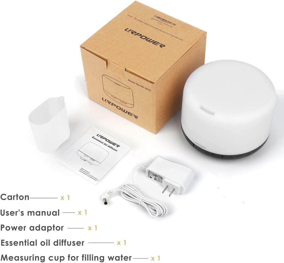image:imageURPOWER 500ml Essential Oil Diffuser 5 in 1 Ultrasonic Aromatherapy Diffusers for Essential Oils Humidifier with Adjustable Mist Mode4 Timer Settings and Waterless Auto ShutOff for Large Room Yoga