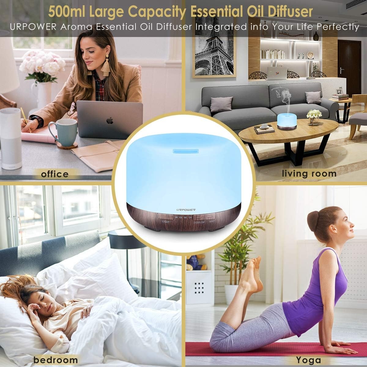 image:imageURPOWER 500ml Essential Oil Diffuser 5 in 1 Ultrasonic Aromatherapy Diffusers for Essential Oils Humidifier with Adjustable Mist Mode4 Timer Settings and Waterless Auto ShutOff for Large Room Yoga