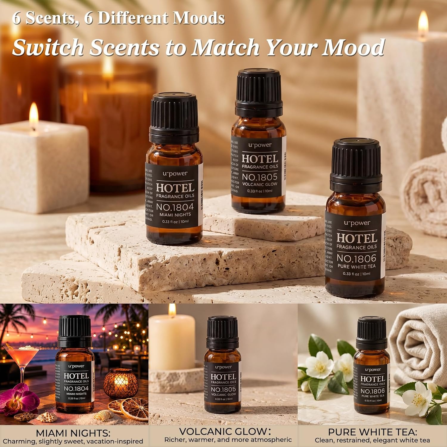 image:imageURPOWER Waterless Essential Oil Diffuser amp 6 Pcs Hotel Collection Premium Fragrance Oils Set for Home Car Office