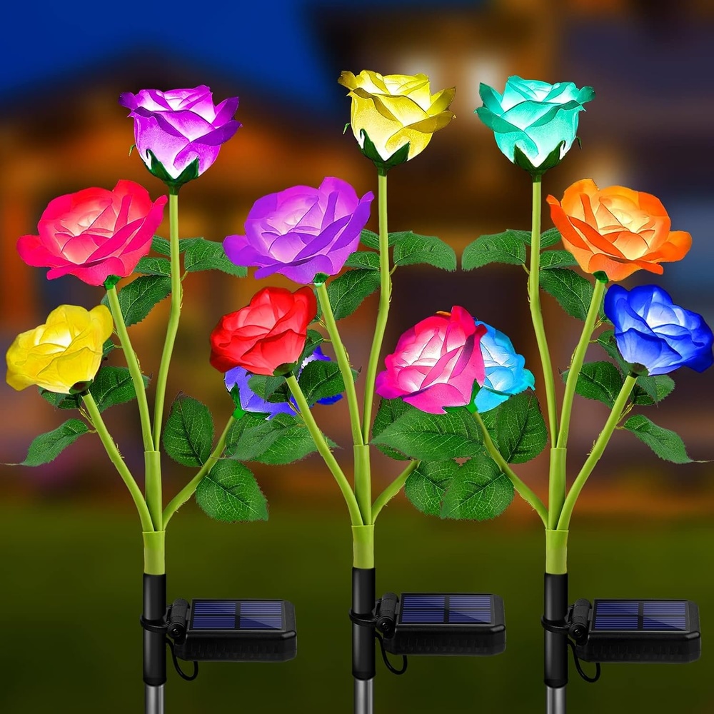 image:imageURPOWER Solar Lights Outdoor 3 Pack Upgraded Realistic Solar Garden Lights Outdoor Waterproof 7Color Changing Rose Solar Flower Lights with Bigger Solar Panel for Patio Garden Yard Decoration